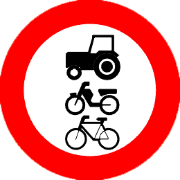 Gesloten voor ruiters, vee, 
        wagens, motorvoertuigen die niet sneller kunnen of mogen rijden dan 25 km/u en brommobielen alsmede fietsen, bromfietsen en 
        gehandicaptenvoertuigen