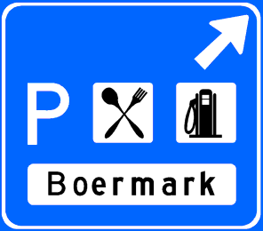 Beslissingswegwijzer langs 
        autosnelweg voor afgaande richting naar een verzorgingsplaats, met de naam van de parkeerplaats en symbolen die de aard van de 
        voorzieningen aangeven