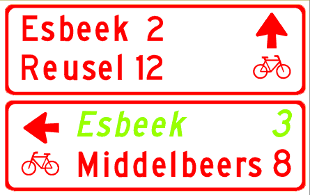 Wegwijzer voor fietsers en 
        bromfietsers (stapelbord), met interlokale doelen en een via een alternatieve route te bereiken doel (cursief)