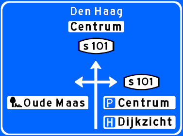 Voorwegwijzer binnen de 
        bebouwde kom met interlokaal doel, lokaal doel, en dagrecreatiecentrum, objecten en stadsroutenummers